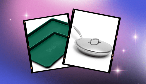 a photo of a green sheet pan and a silver skillet on a space-y background