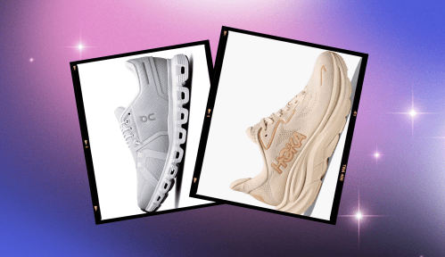 Image showing two running shoes on a purple starry background: On Cloud 6 vs Hoka Clifton 10
